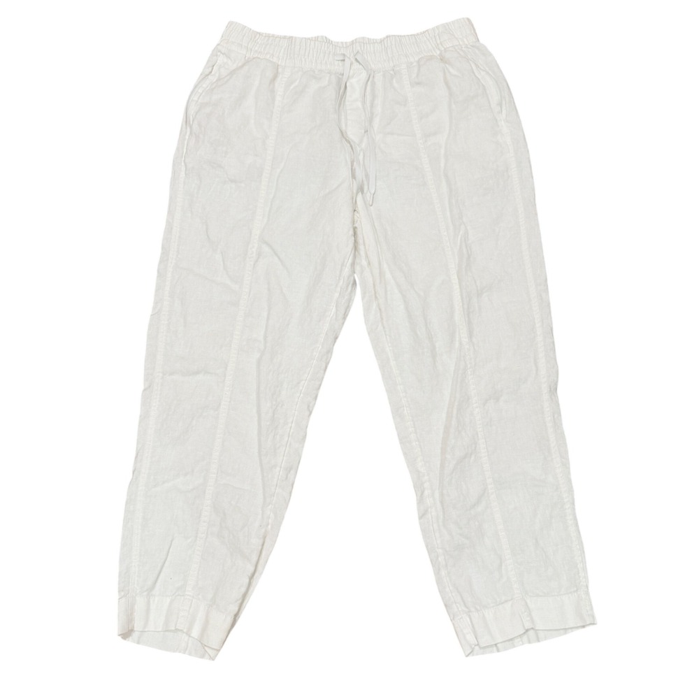 Athleta 100% Linen Retreat Drawstring Pant Large L Relaxed Straight Bright White